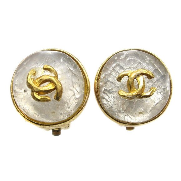 CHANEL CC Logos Button Motif Earrings Gold-plated Clip-On - Picture 1 of 5